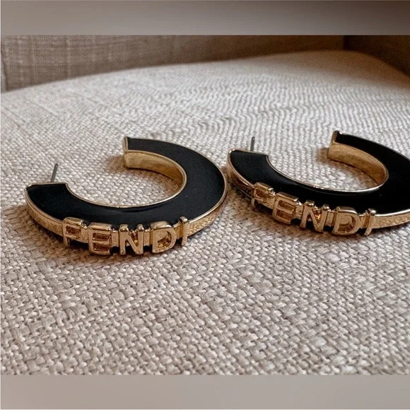 Fendi Black and Gold Logo Hoop Earrings - Picture 7 of 8